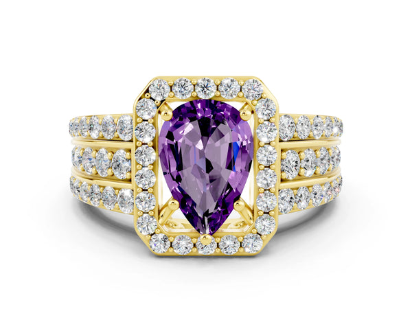 Yellow gold Pear Cut Halo Amethyst Ring with Round  Split Shank and Prong Setting