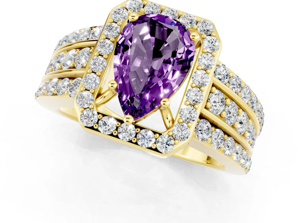 Yellow gold Pear Cut Halo Amethyst Ring with Round  Split Shank and Prong Setting