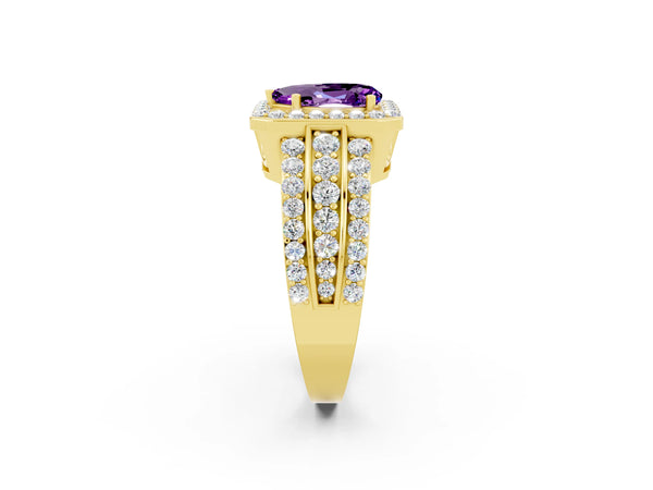 Yellow gold Pear Cut Halo Amethyst Ring with Round  Split Shank and Prong Setting