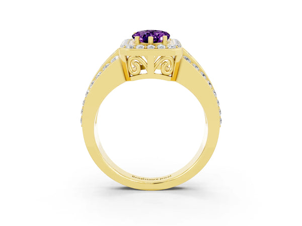 Yellow gold Pear Cut Halo Amethyst Ring with Round  Split Shank and Prong Setting