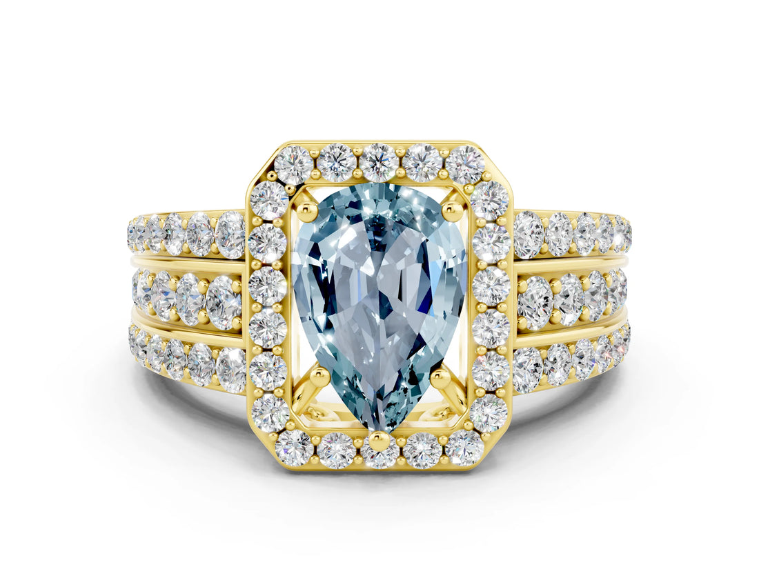 Yellow gold Pear Cut Halo Aquamarine Ring with Split Shank and Four-Prong Setting