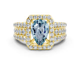 Yellow gold Pear Cut Halo Aquamarine Ring with Split Shank and Four-Prong Setting