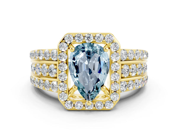 Yellow gold Pear Cut Halo Aquamarine Ring with Round  Split Shank and Prong Setting