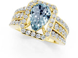 Yellow gold Pear Cut Halo Aquamarine Ring with Split Shank and Four-Prong Setting_1