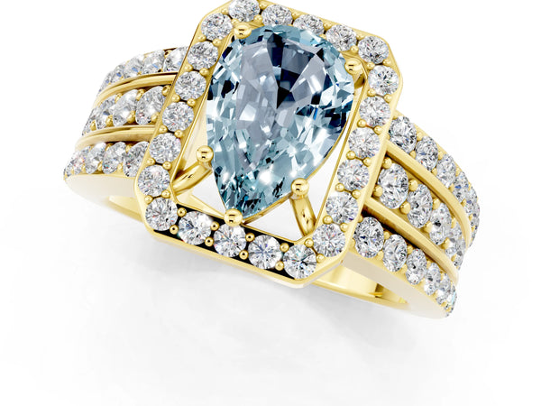 Yellow gold Pear Cut Halo Aquamarine Ring with Round  Split Shank and Prong Setting