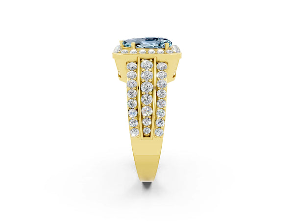 Yellow gold Pear Cut Halo Aquamarine Ring with Round  Split Shank and Prong Setting