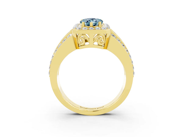 Yellow gold Pear Cut Halo Aquamarine Ring with Round  Split Shank and Prong Setting
