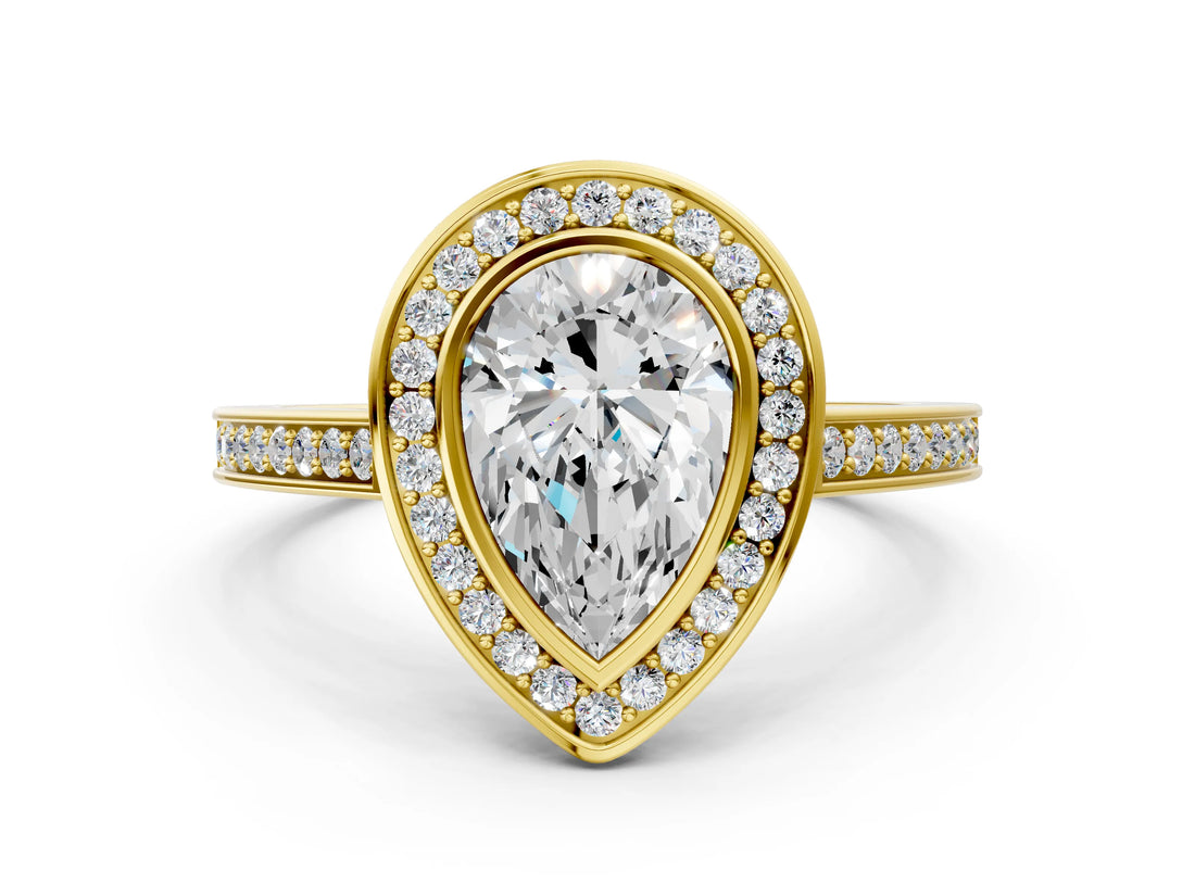 Yellow gold Pear Cut Halo Bezel Diamond Pave Band Ring_9