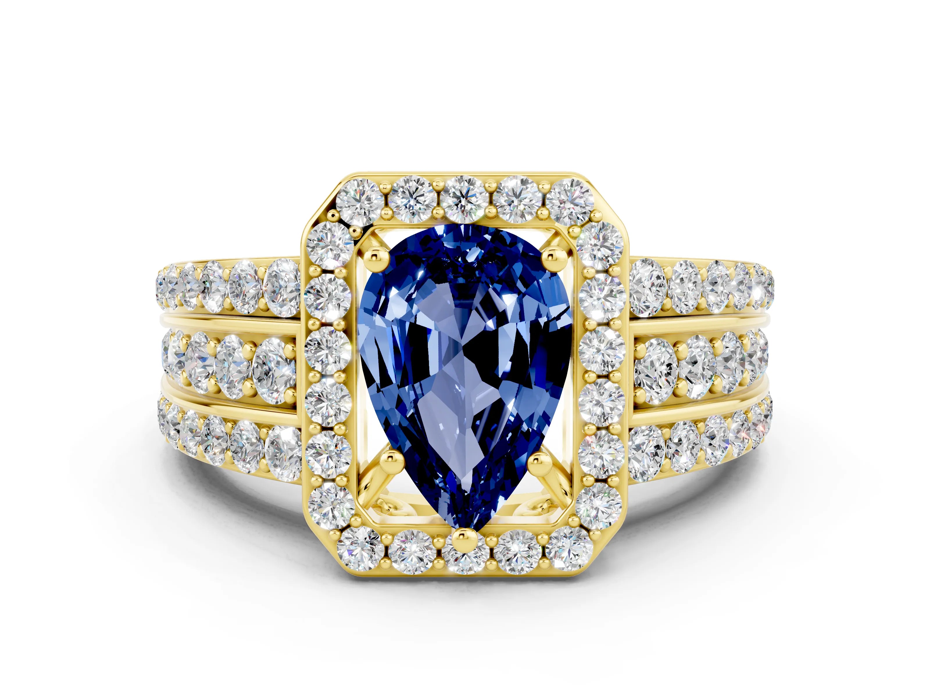 Yellow gold Pear Cut Halo Blue Sapphire Ring with Split Shank and Four-Prong Setting