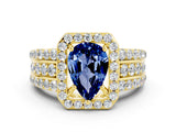 Yellow gold Pear Cut Halo Blue Sapphire Ring with Split Shank and Four-Prong Setting