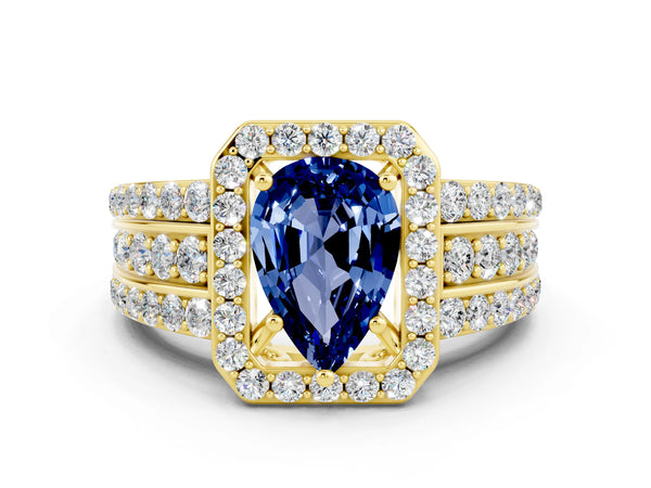 Yellow gold Pear Cut Halo Blue Sapphire Ring with Round  Split Shank and Prong Setting