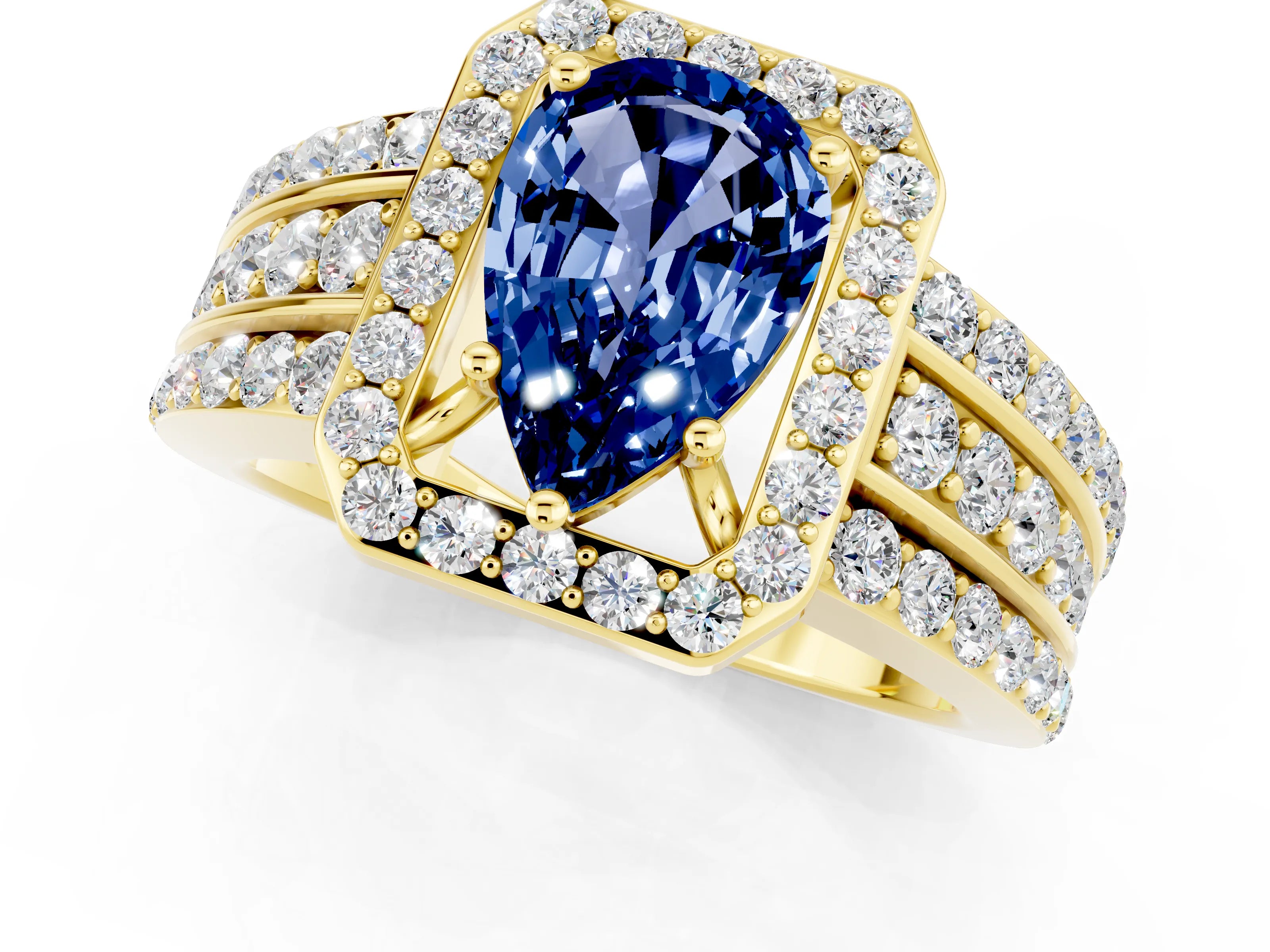 Yellow gold Pear Cut Halo Blue Sapphire Ring with Split Shank and Four-Prong Setting_1