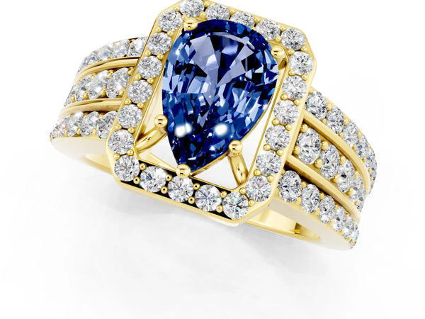 Yellow gold Pear Cut Halo Blue Sapphire Ring with Round  Split Shank and Prong Setting