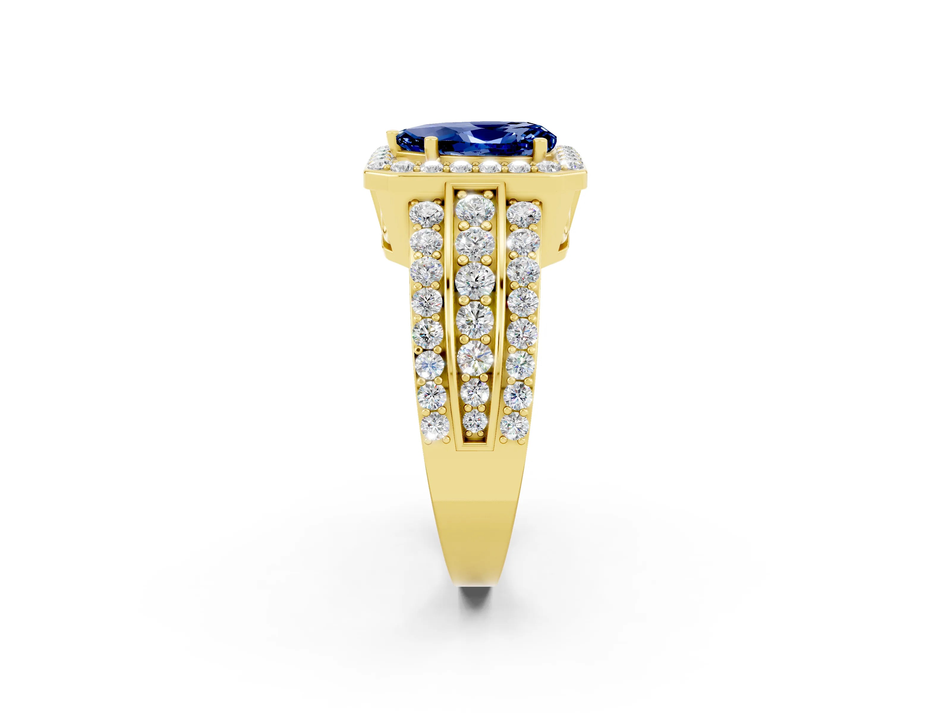 Yellow gold Pear Cut Halo Blue Sapphire Ring with Split Shank and Four-Prong Setting_2