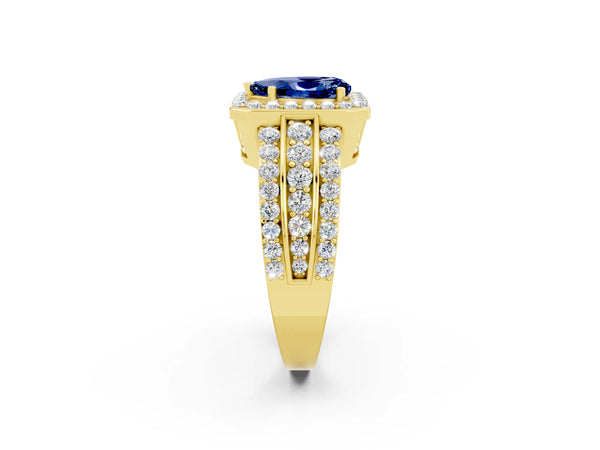 Yellow gold Pear Cut Halo Blue Sapphire Ring with Round  Split Shank and Prong Setting
