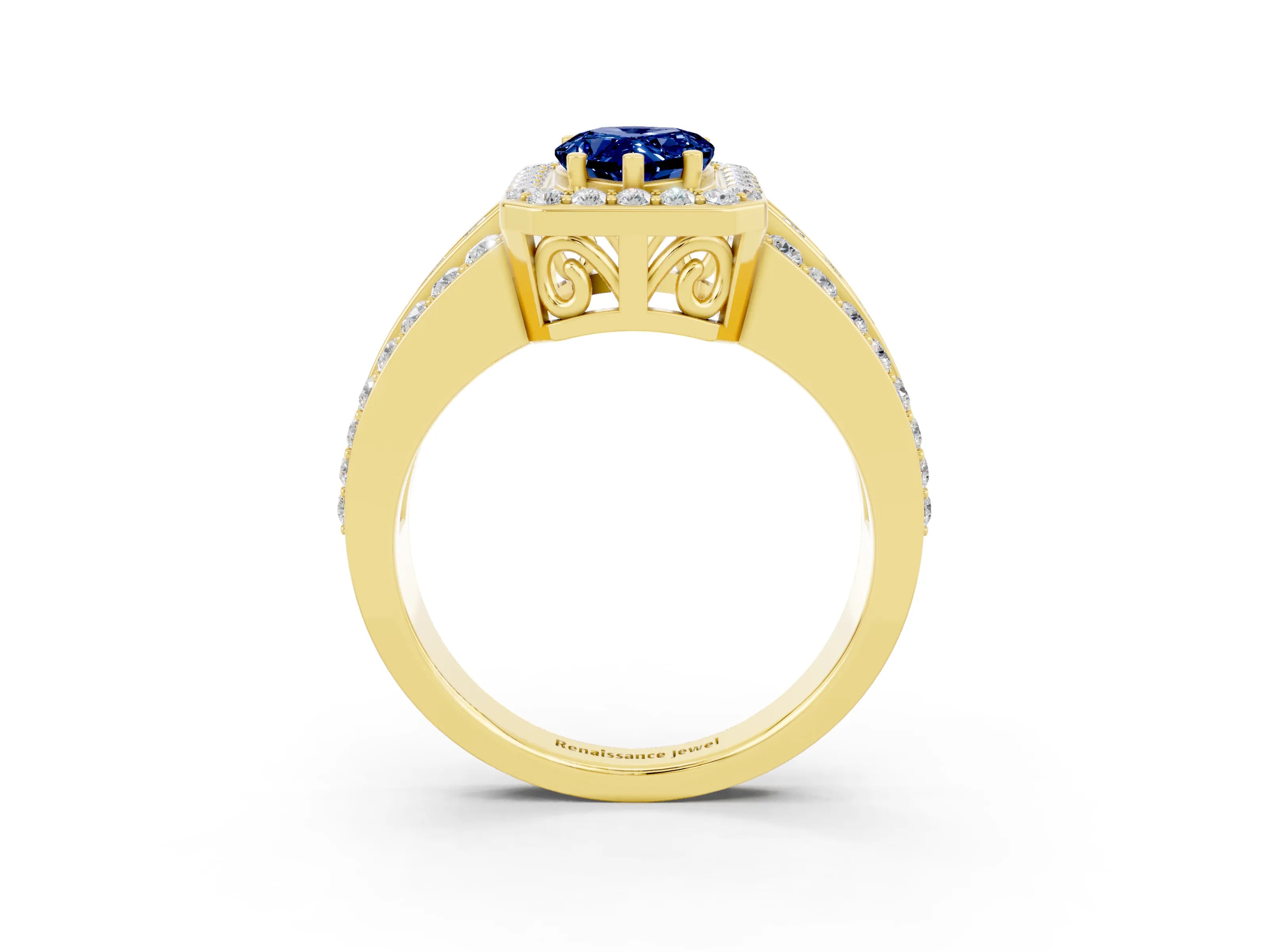 Yellow gold Pear Cut Halo Blue Sapphire Ring with Split Shank and Four-Prong Setting_3