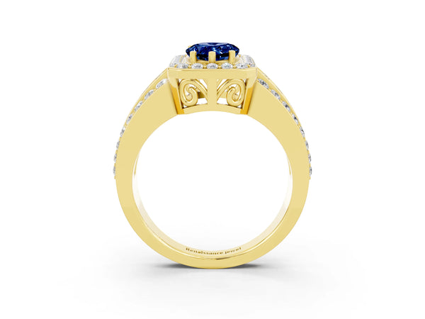Yellow gold Pear Cut Halo Blue Sapphire Ring with Round  Split Shank and Prong Setting