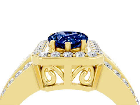 Yellow gold Pear Cut Halo Blue Sapphire Ring with Split Shank and Four-Prong Setting_4
