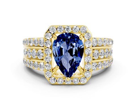 Yellow gold Pear Cut Halo Blue Sapphire Ring with Split Shank and Four-Prong Setting