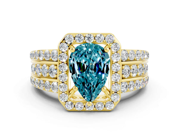 Yellow gold Pear Cut Halo Blue Topaz Ring with Round  Split Shank and Prong Setting