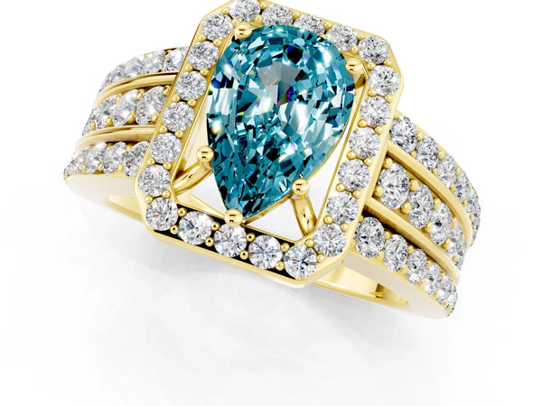 Yellow gold Pear Cut Halo Blue Topaz Ring with Round  Split Shank and Prong Setting
