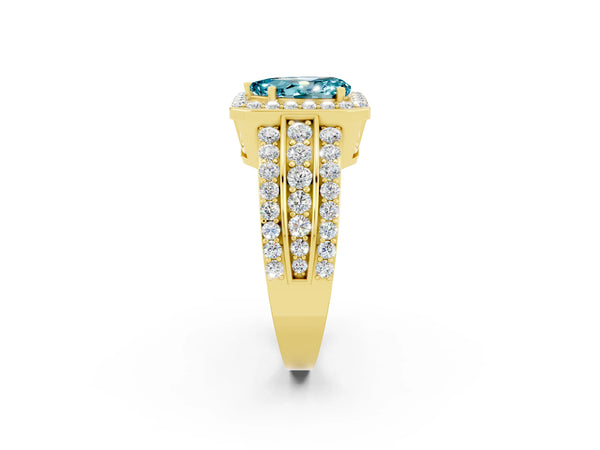 Yellow gold Pear Cut Halo Blue Topaz Ring with Round  Split Shank and Prong Setting