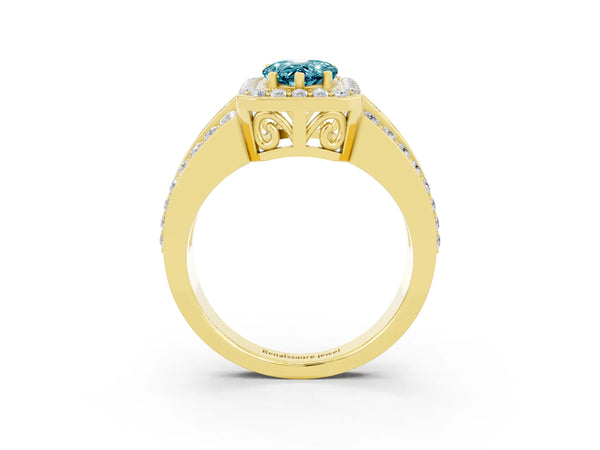 Yellow gold Pear Cut Halo Blue Topaz Ring with Round  Split Shank and Prong Setting