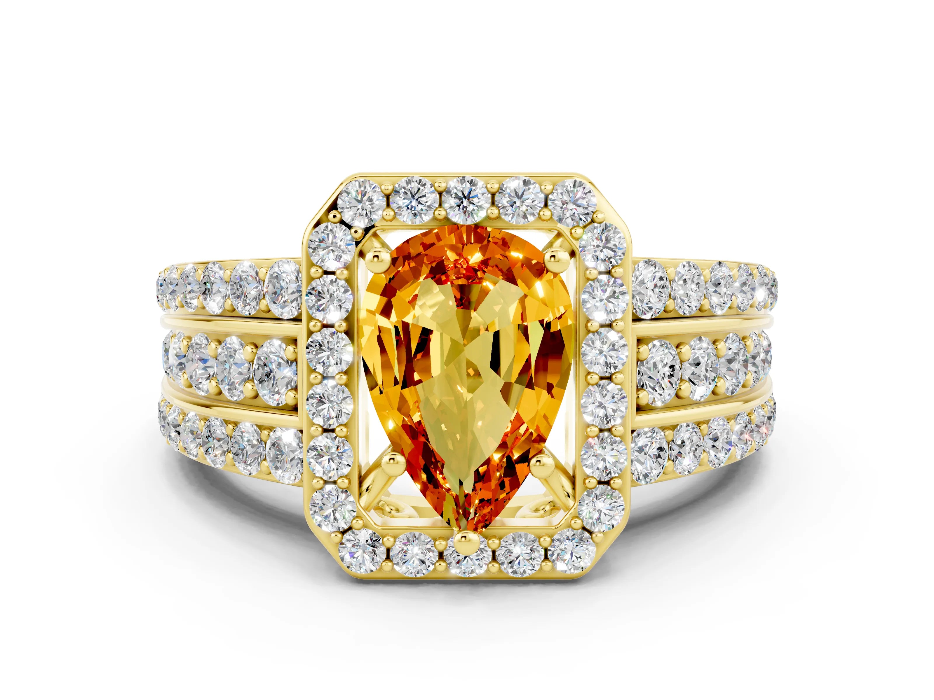Yellow gold Pear Cut Halo Citrine Ring with Split Shank and Four-Prong Setting