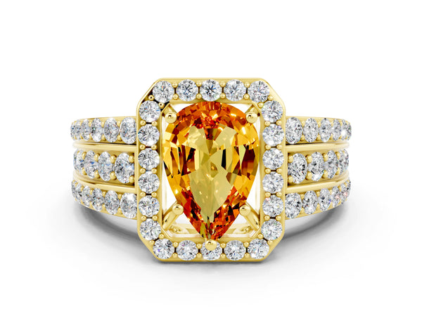 Yellow gold Pear Cut Halo Citrine Ring with Round  Split Shank and Prong Setting