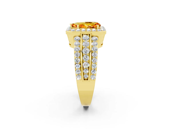 Yellow gold Pear Cut Halo Citrine Ring with Round  Split Shank and Prong Setting