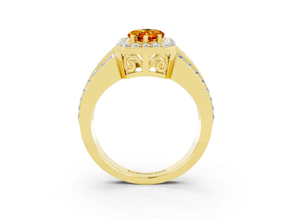Yellow gold Pear Cut Halo Citrine Ring with Round  Split Shank and Prong Setting