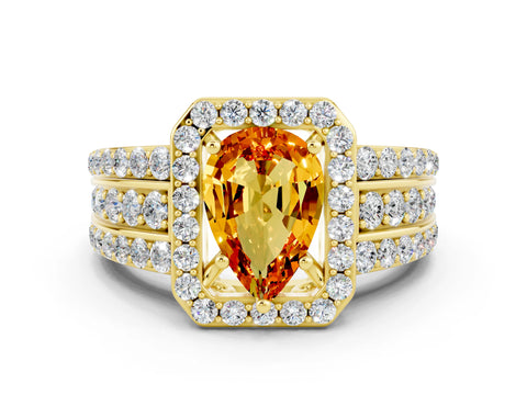 Yellow gold Pear Cut Halo Citrine Ring with Split Shank and Four-Prong Setting