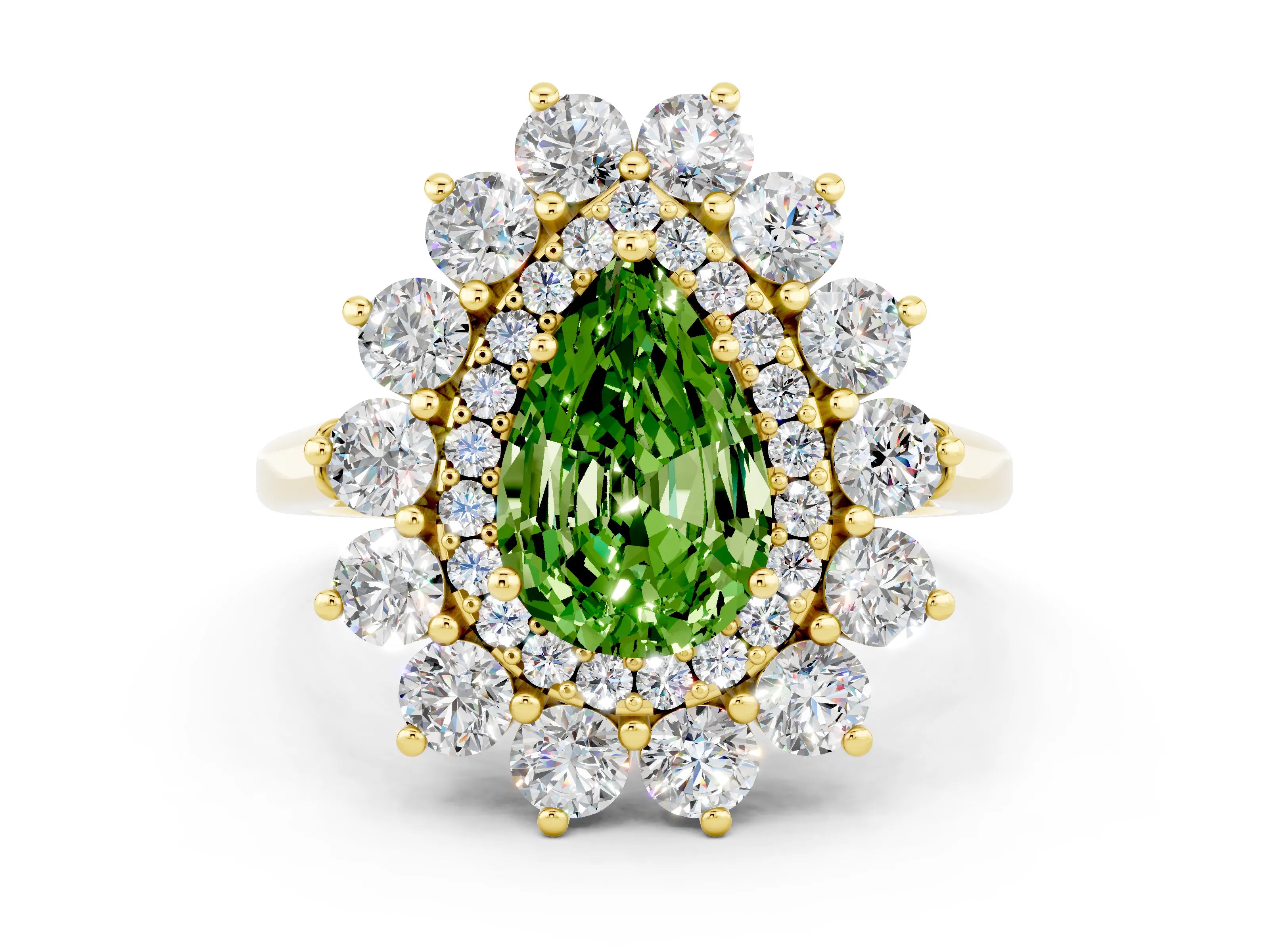 Yellow gold Pear Cut Halo Cluster Diamond Ring with Pave Band and Four-Prong Setting