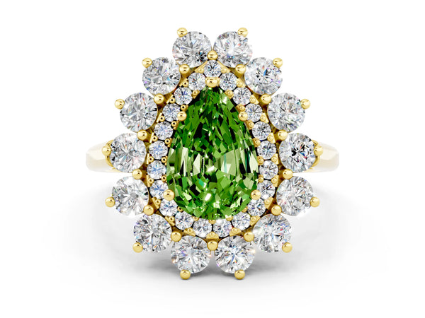 Yellow gold Pear Cut Halo Cluster Diamond Ring with Pave Band and Four-Prong Setting