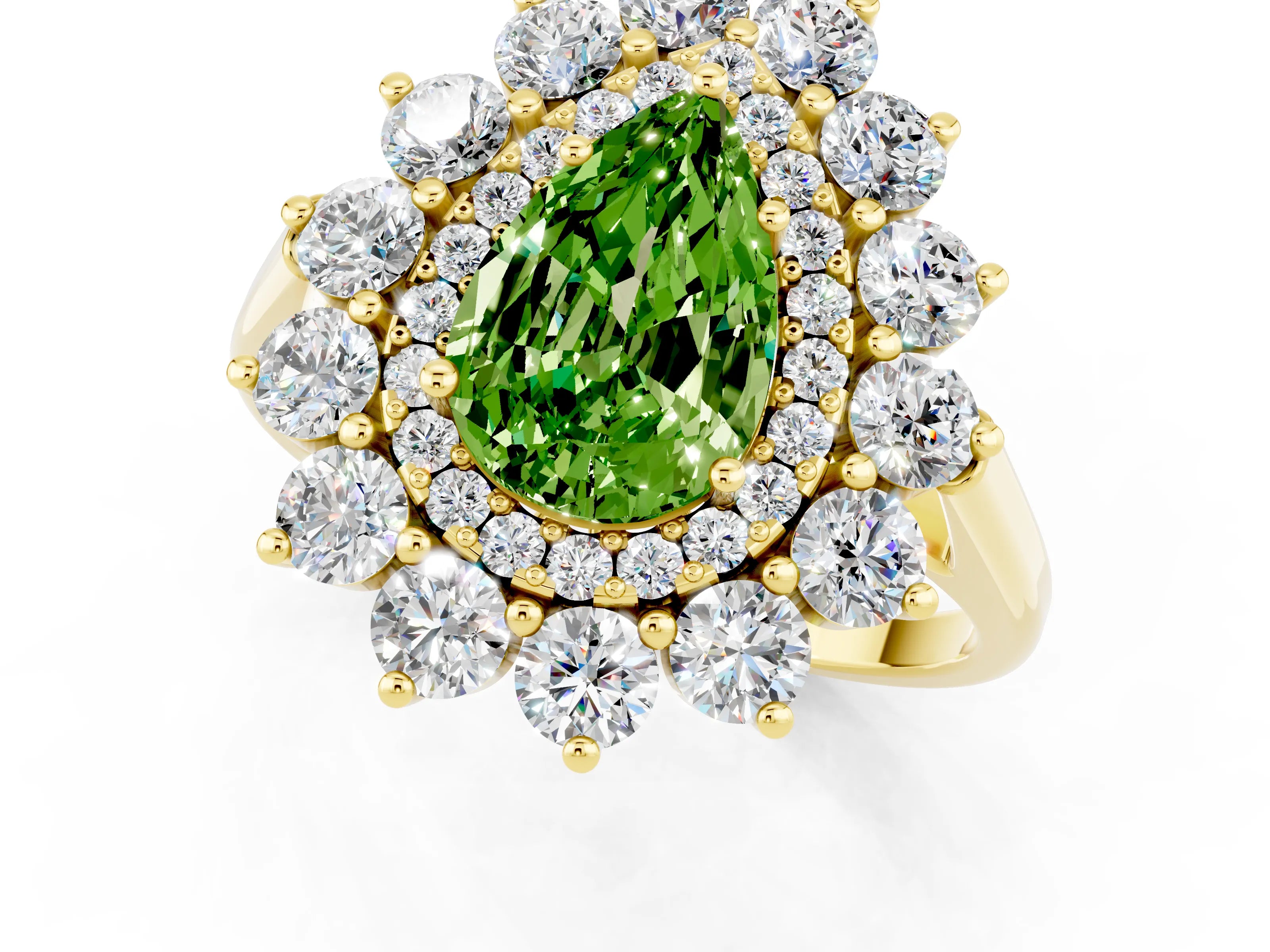 Yellow gold Pear Cut Halo Cluster Diamond Ring with Pave Band and Four-Prong Setting_1