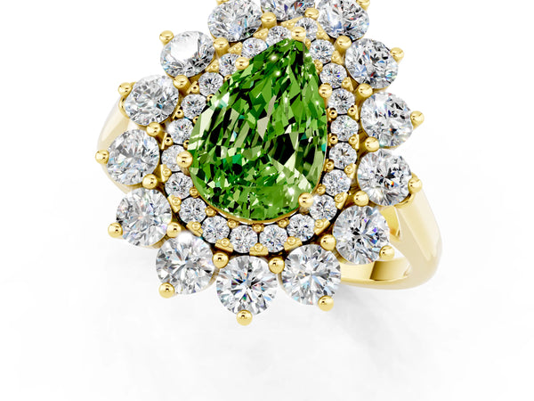 Yellow gold Pear Cut Halo Cluster Diamond Ring with Pave Band and Four-Prong Setting