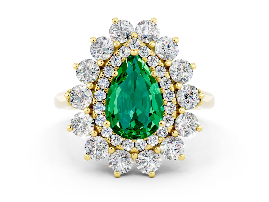 Yellow gold Pear Cut Halo Cluster Diamond Ring with Pave Band and Four-Prong Setting_12