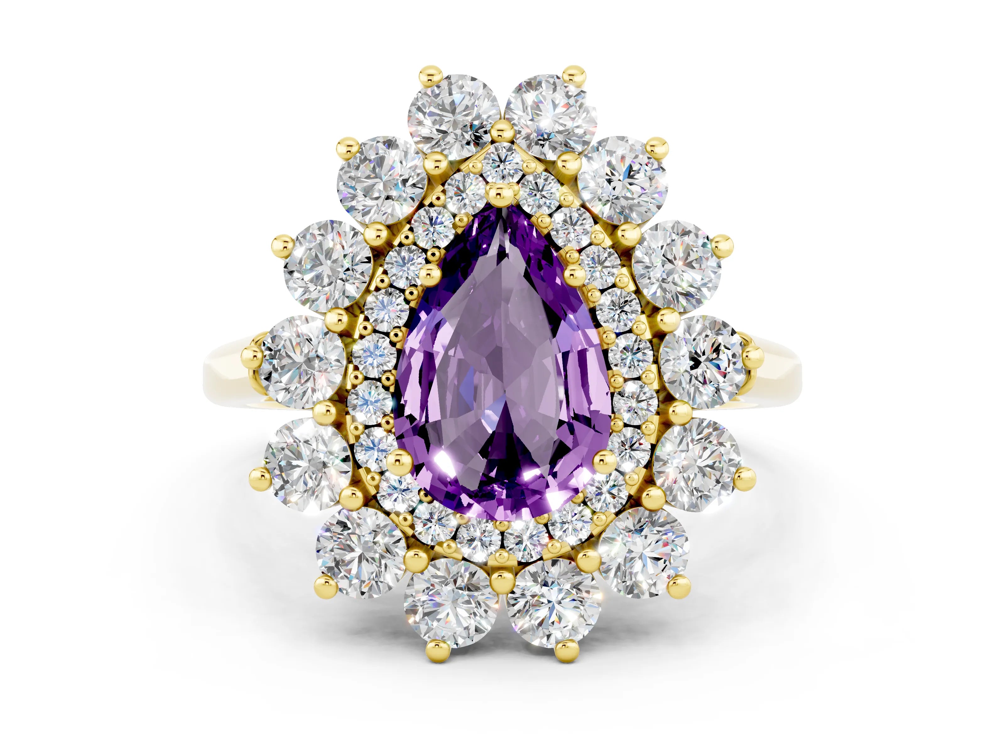 Yellow gold Pear Cut Halo Cluster Diamond Ring with Pave Band and Four-Prong Setting_12