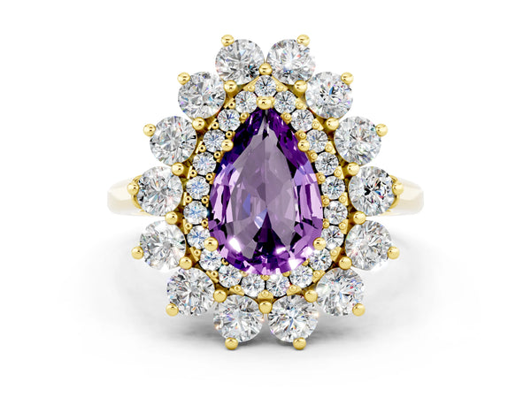 Yellow gold Pear Cut Amethyst Floral Double Halo Engagement Ring with Prong Setting
