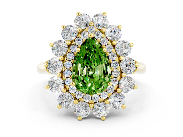 Yellow gold Pear Cut Peridot Floral Double Halo Engagement Ring with Prong Setting