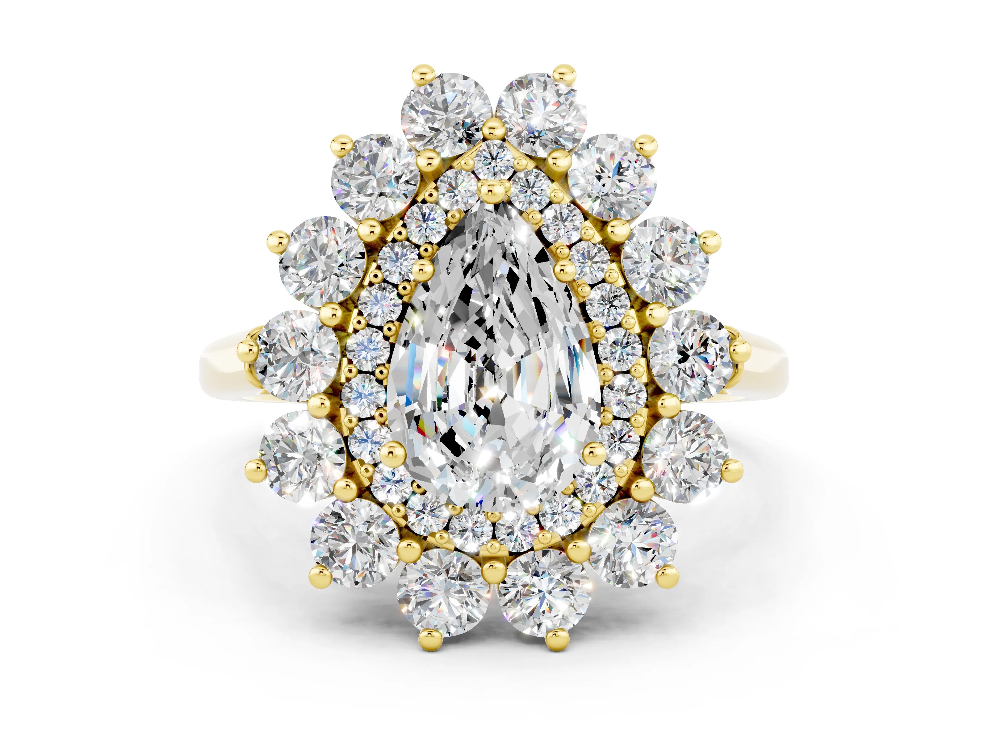 Yellow gold Pear Cut Halo Cluster Diamond Ring with Pave Band and Four-Prong Setting_12