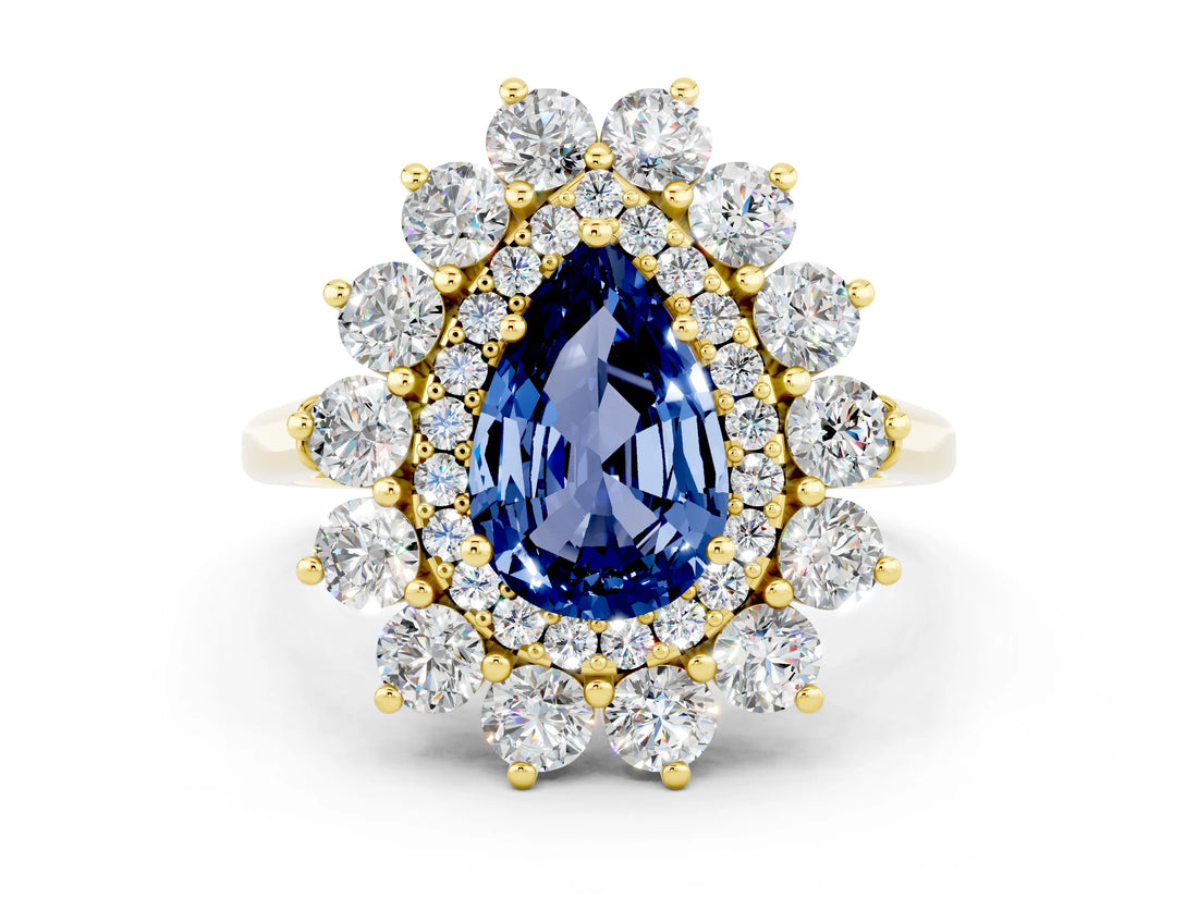 Yellow gold Pear Cut Halo Cluster Diamond Ring with Pave Band and Four-Prong Setting_12