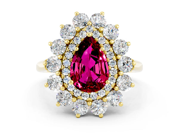 Yellow gold Pear Cut Garnet Floral Double Halo Engagement Ring with Prong Setting