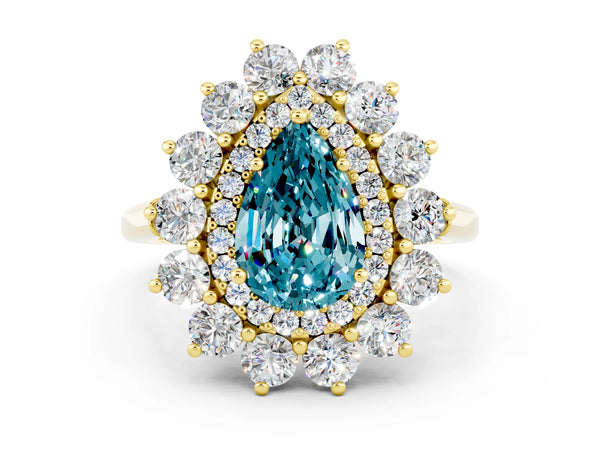 Yellow gold Pear Cut Blue Topaz Floral Double Halo Engagement Ring with Prong Setting