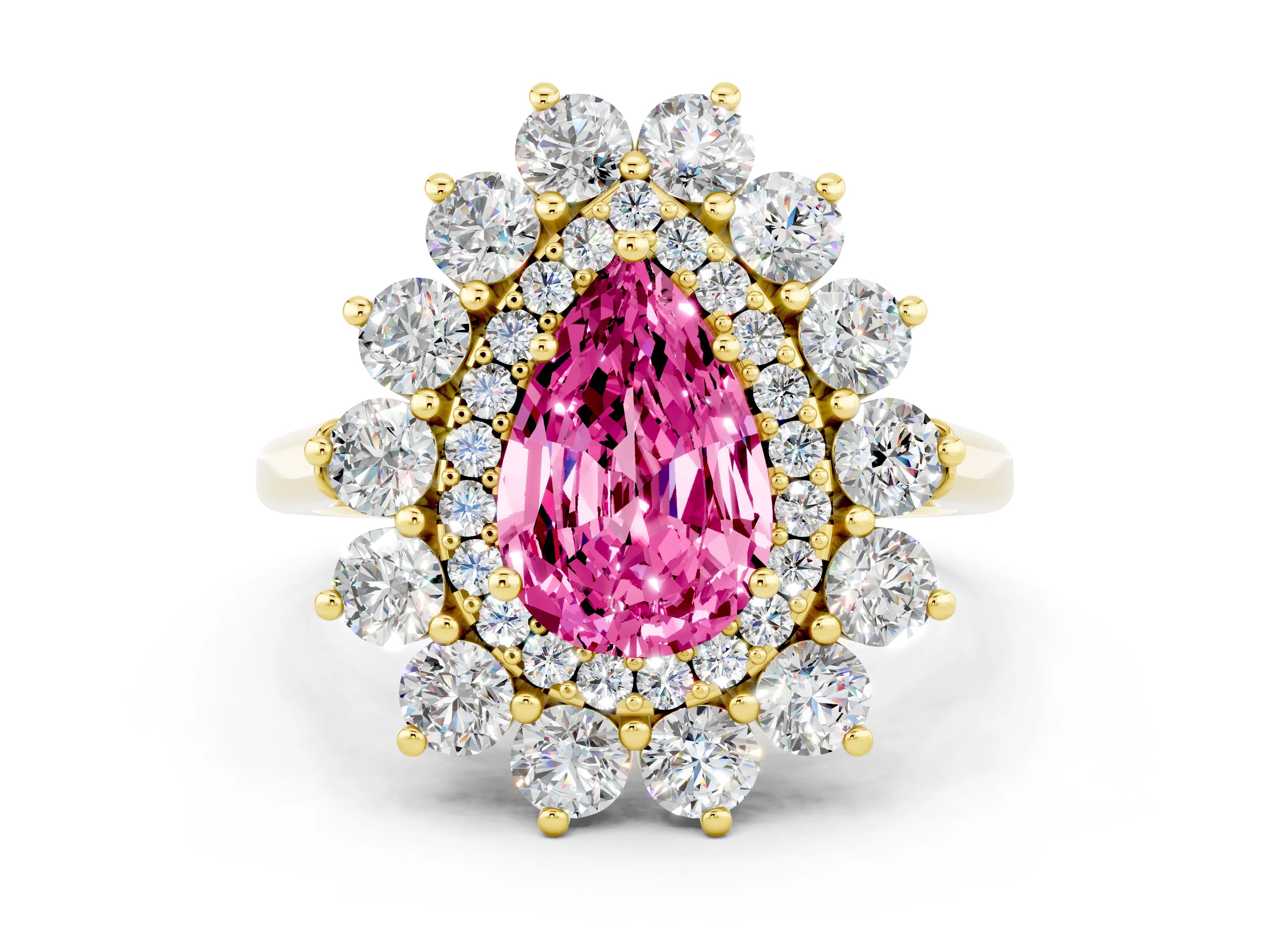 Yellow gold Pear Cut Halo Cluster Diamond Ring with Pave Band and Four-Prong Setting_12