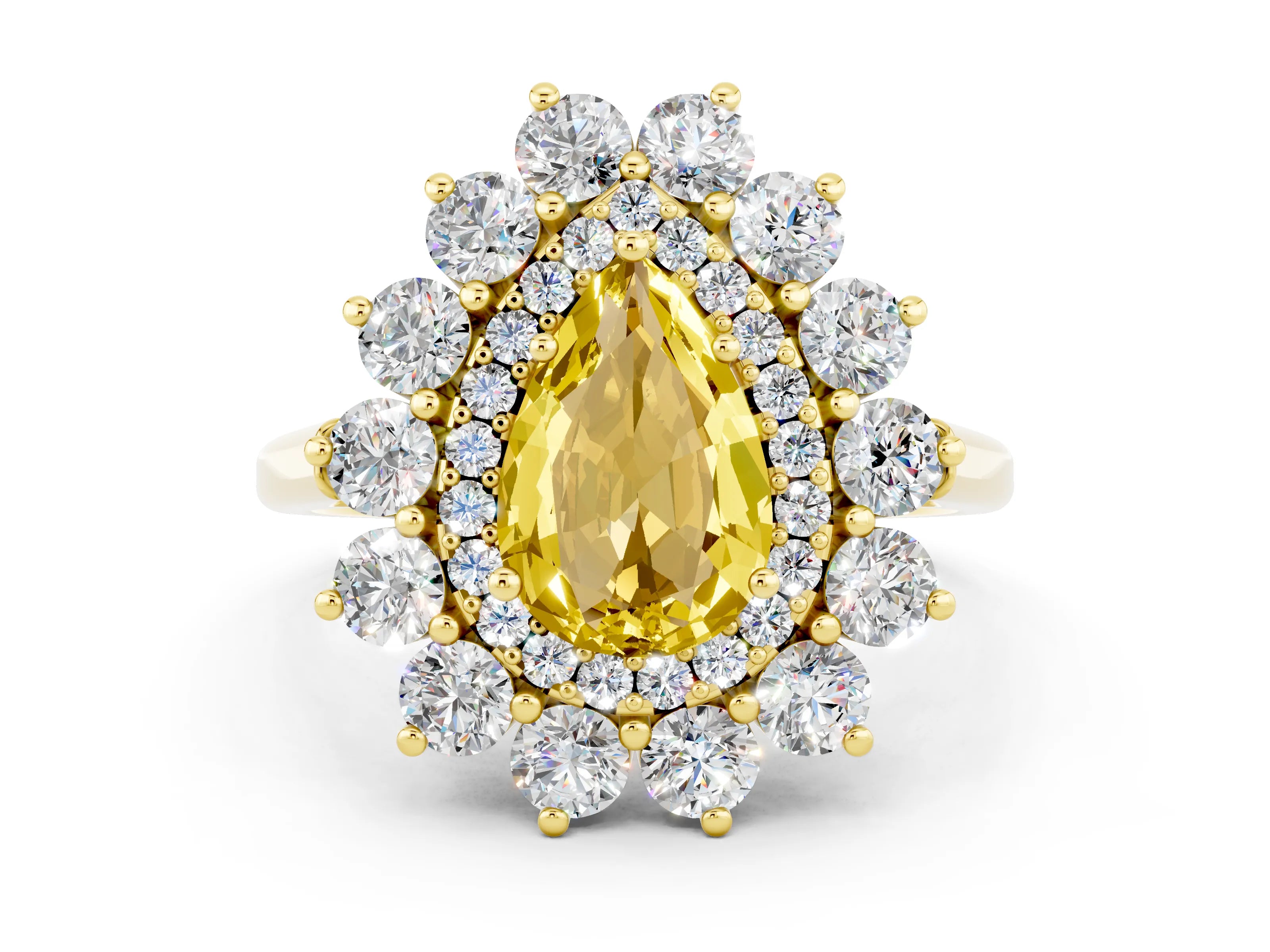 Yellow gold Pear Cut Halo Cluster Diamond Ring with Pave Band and Four-Prong Setting_12