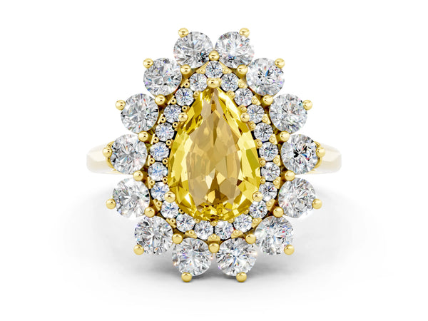 Yellow gold Pear Cut Yellow Sapphire Floral Double Halo Engagement Ring with Prong Setting