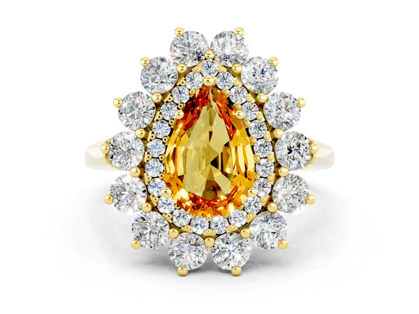 Yellow gold Pear Cut Citrine Floral Double Halo Engagement Ring with Prong Setting