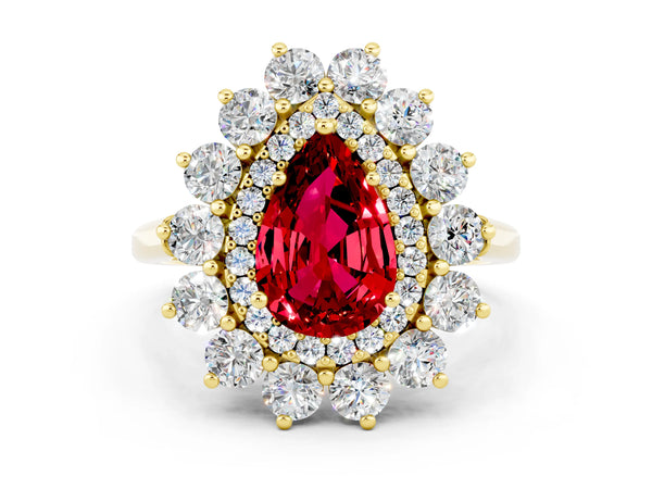 Yellow gold Pear Cut Ruby Floral Double Halo Engagement Ring with Prong Setting