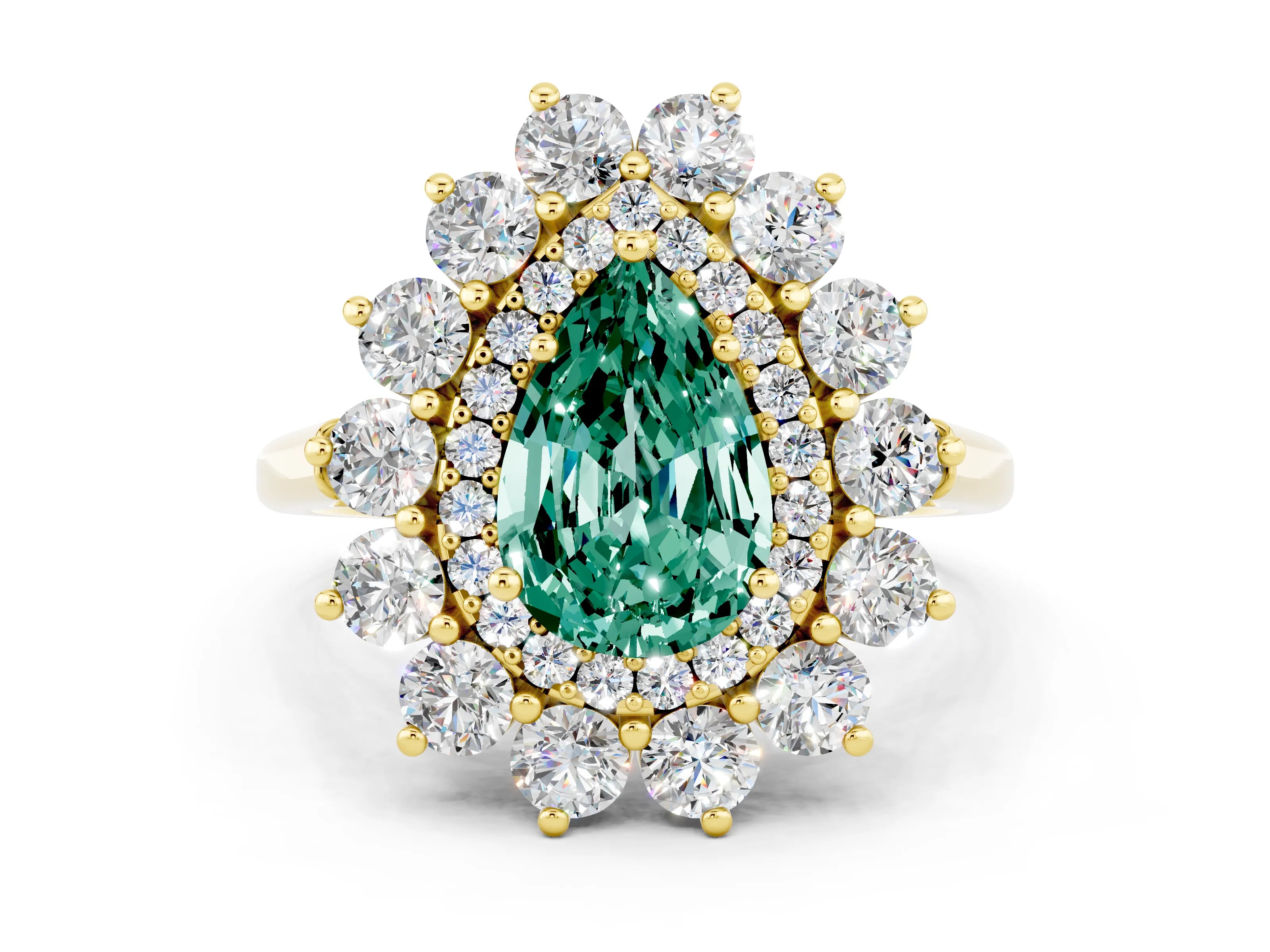 Yellow gold Pear Cut Halo Cluster Diamond Ring with Pave Band and Four-Prong Setting_12
